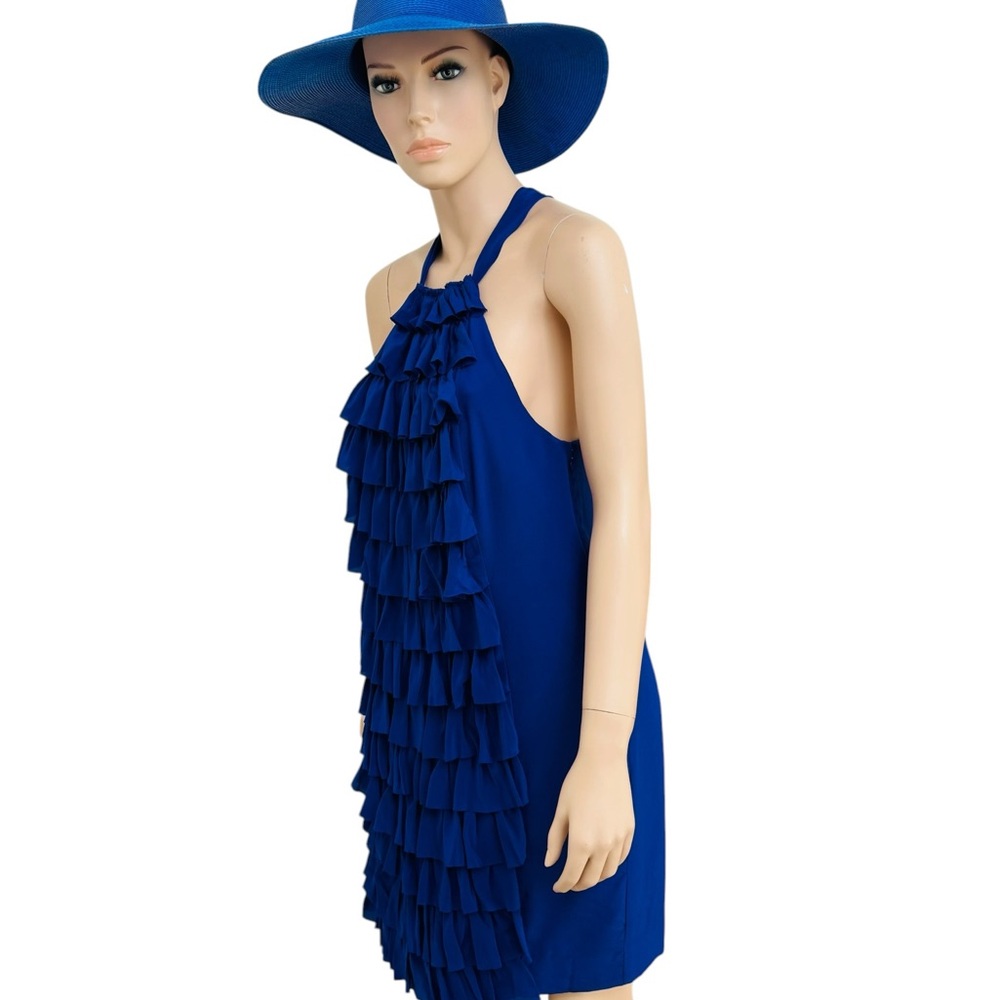 Va Et Vien 100% Silk Ruffle Halter Dress Women Size 8 Blue Cocktail Party Resort - Picture 8 of 11